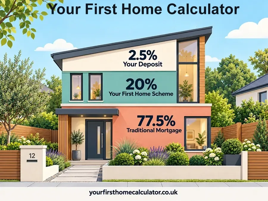 Illustration of the Your First Home scheme: 2.5% deposit, 20% government equity loan and 77.5% mortgage.